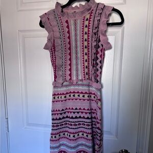 Pink Patterned Ruffle Sleeve Knit Dress
